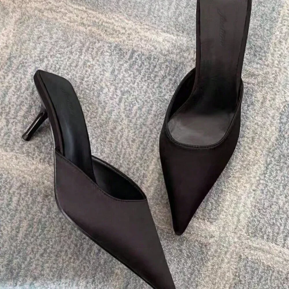 Black Satin Women's Elegant Casual Outdoor Slip-On Mules
